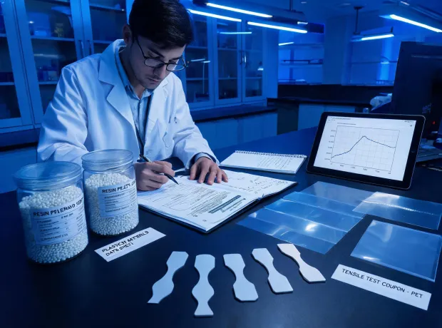 Materials engineer reviewing Toray polymer data